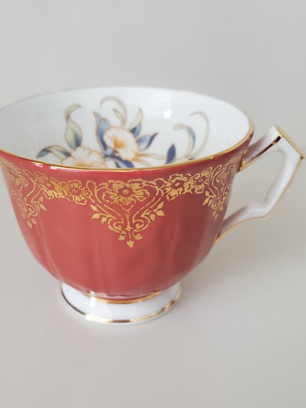 Vintage AYNSLEY Teacup Burnt Orange w/ Gold Accents Floral Interior Footed 1pc